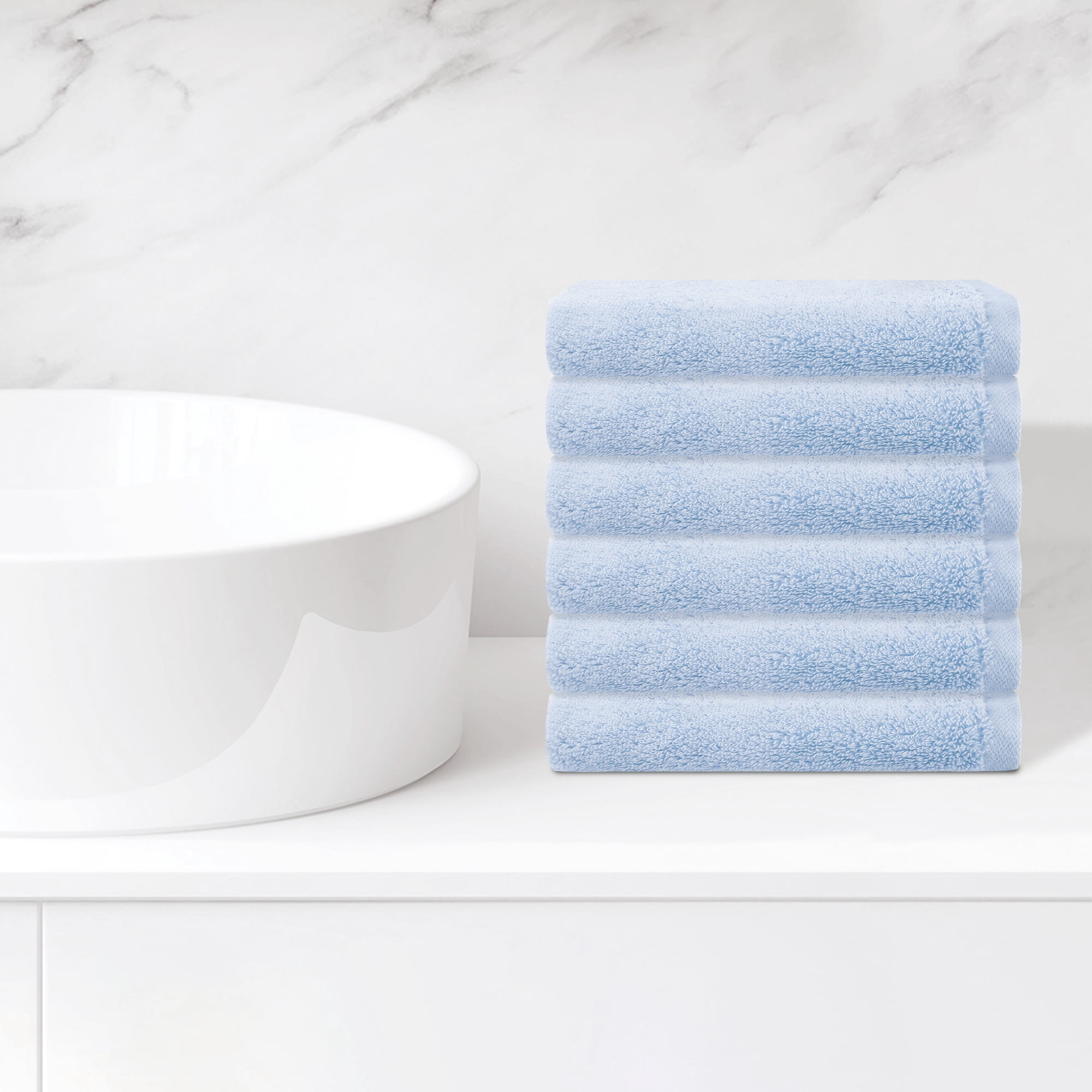 REGALWOVEN 6 Pack Cotton Washcloths, Solid Face Cloths, Absorbent and Quick Drying Towel for Bathroom Blue 13" x 13"