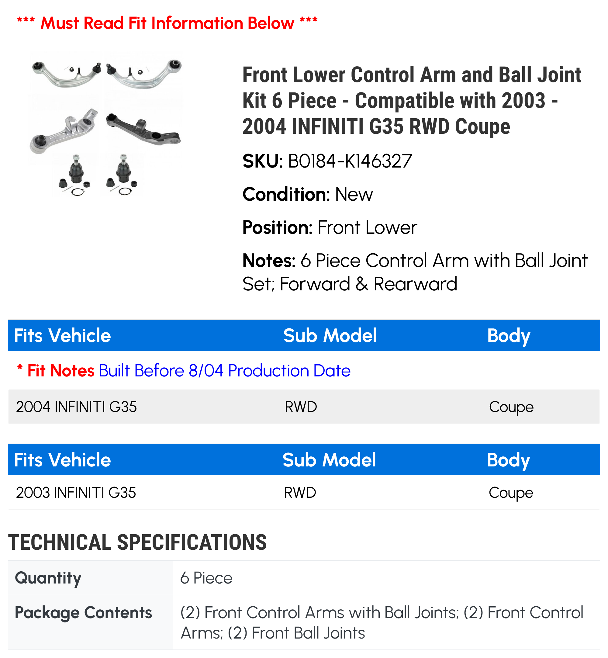 For INFINITI G35 2003-2007 RWD Coupe ONLY Front Lower Control Arm w Ball Joints For INFINITI G35 2003-2007 RWD Coupe ONLY Front Lower Control Arm w Ball Joints