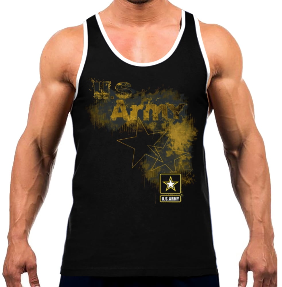 Men's Grunge US Army Star Tee White Trim Black Tank Top Small Black