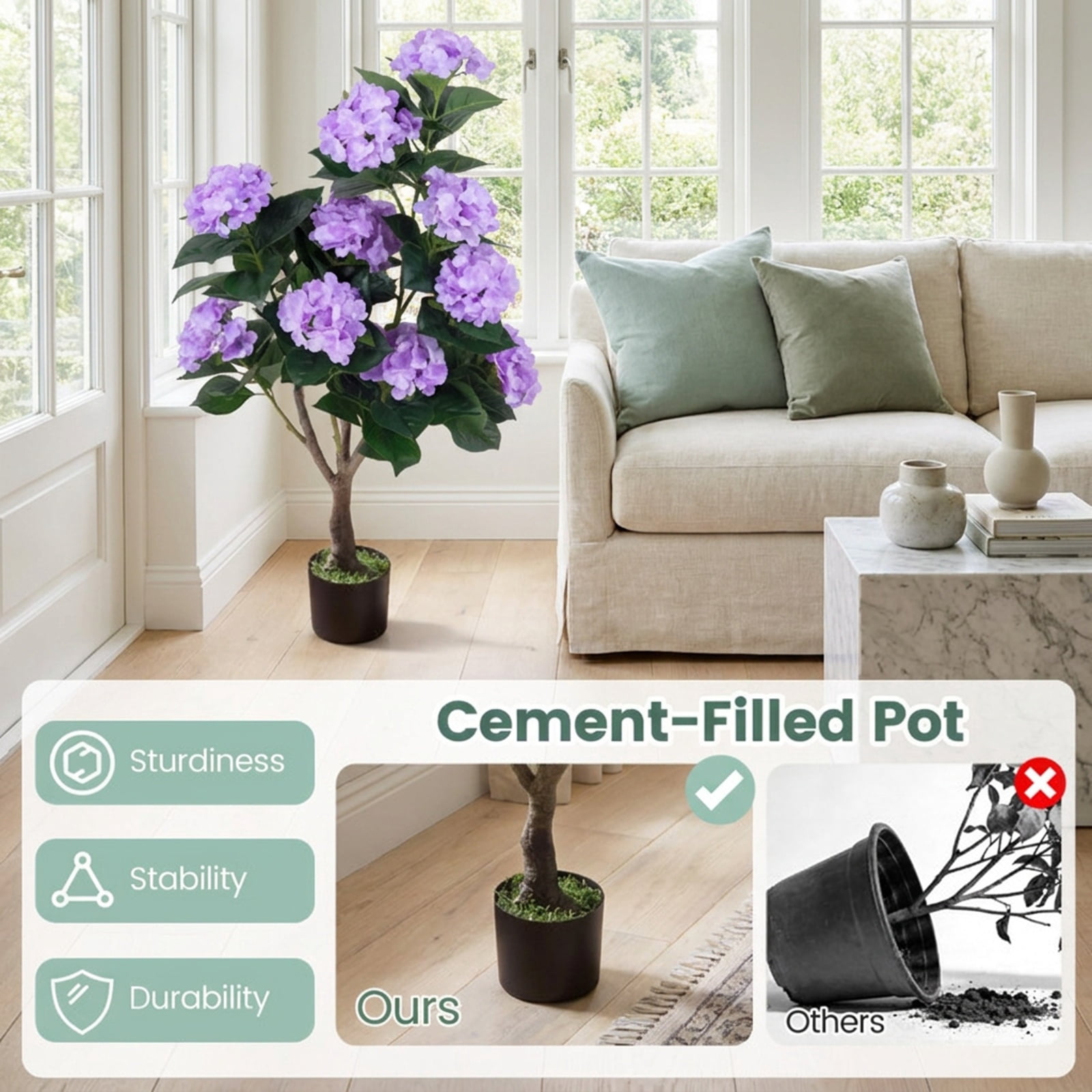 Vebreda Artificial Plant Decor, 43.5" Artificial Hydrangea Tree 2-Pack, Bring Lifelike Beauty Indoors, Long-Lasting Build with Stable Base