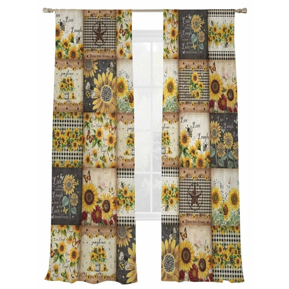 Retro Pastoral Sunflowers Star Farmhouse Plaid Patchwork Sheer Curtains 108 inches Long, Light Filtering Sheer Window Curtains Rod Pocket Voile Drapes for Bedroom Living Room, 2 Panels 52"W x 108"L