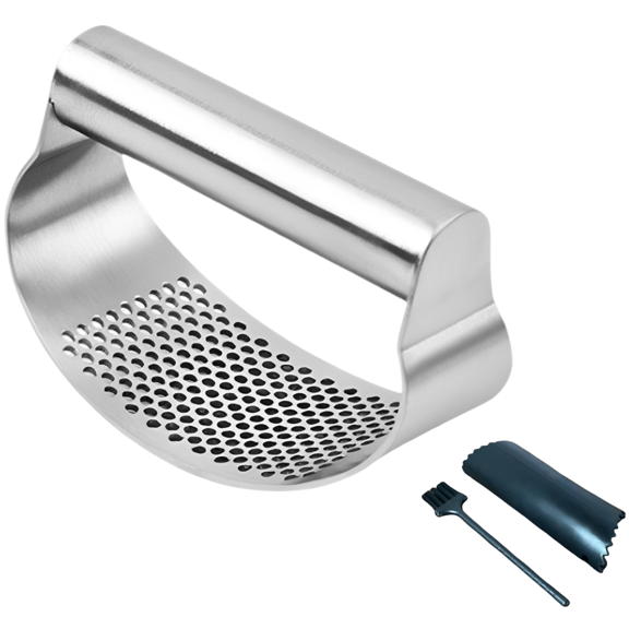 Garlic Mincer Rocker with Peeler and Brush, Manual Garlic Crusher with Ergonomic Handle, Efficient Food-Safe Kitchen Gadget for Mincing