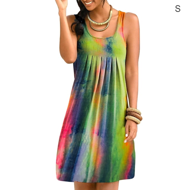 Vestido Corto Vestido Plisado Sin Mangas Con Estampado Tie-Dye, Azul Naranja, S Scienceny AP002087-33