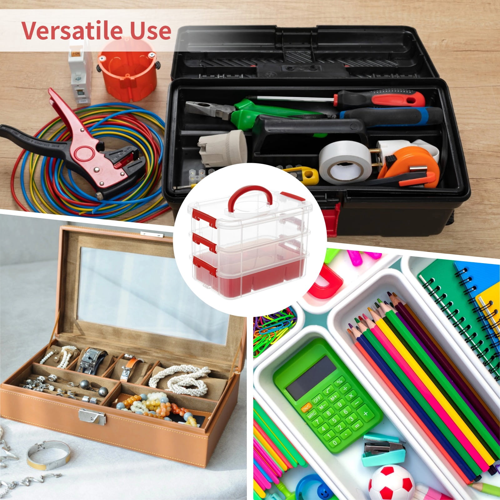 3-Layer Organizer Case Stack & Carry Box, Plastic Multipurpose Storage Container Box, Portable Handled Storage Box with Removable Tray for Organizing Sewing Supplies