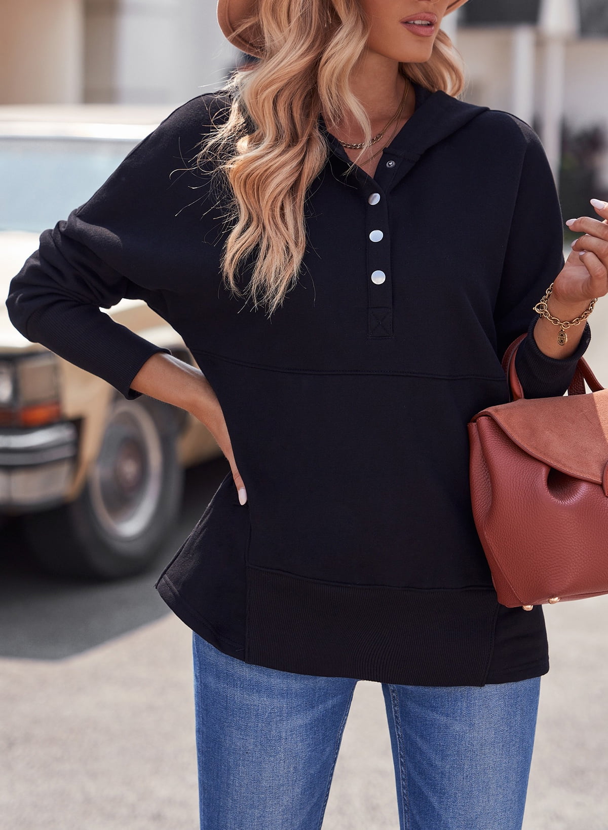 Sidefeel Women's Long Sleeve V-Neck Hoodie - Drawstring Hooded Sweatshirt With Kangaroo Pocket - View #6
