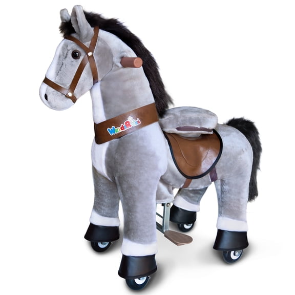 WondeRides Ride on Horse Toy for Kids, Gray Plush Walking Pony with Wheels, Battery-Free, Size 3 for Ages 3-4