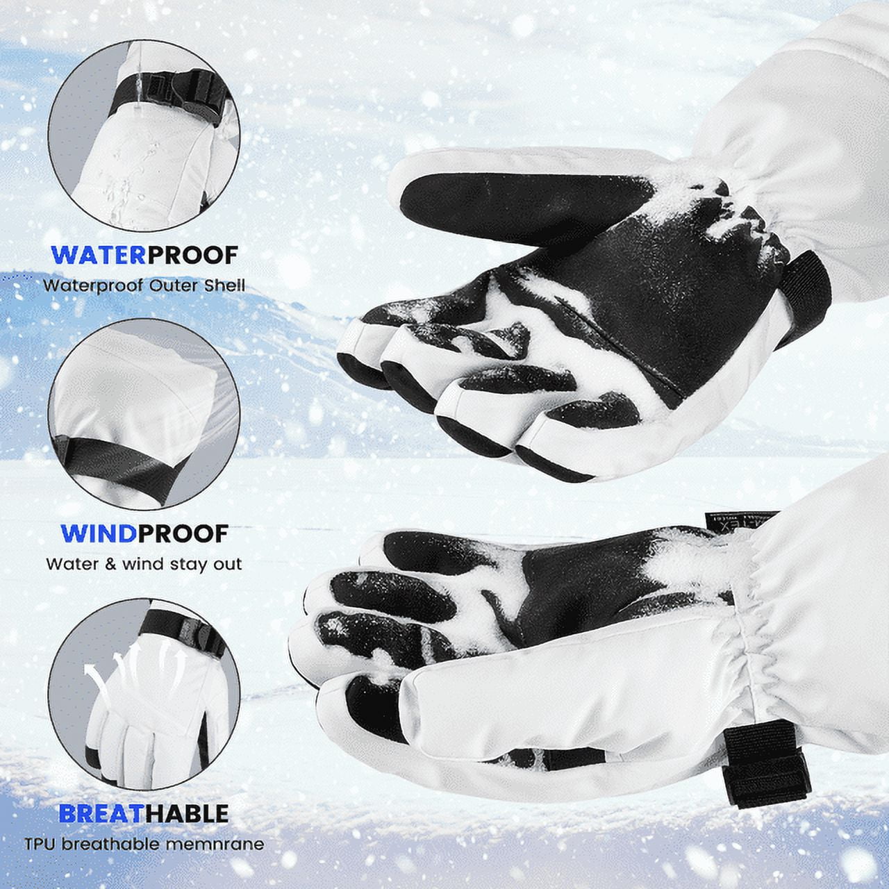 Winter Ski Gloves Warm for Men & Women, Touchscreen Snowboard Gloves with Pocket, Waterproof Snow Gloves for Cold Weather, Suitable for Driving/Cycling/Running/Hiking, White,L