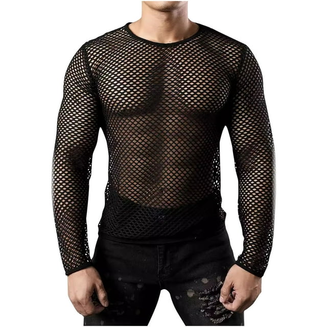 Lovzfmll Haut Transparent en Maille pour Hommes, T-Shirt à Manches Longues Col Rond Couleur Unie avec Design Filet Décontracté Noir, 2TG