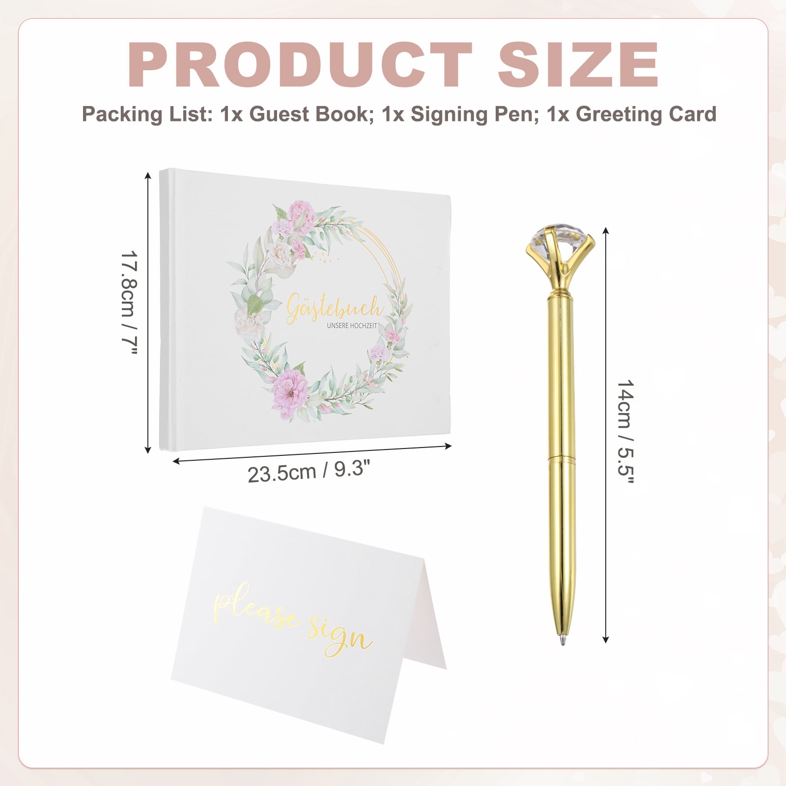 Uxcell Guest Book, 9.3x7" Elegant Wedding Guestbook German Wreath Cover Memory Book with Diamond Signing Pen and Greeting Card for Wedding Bridal Shower Birthday Party Events, Gold Tone