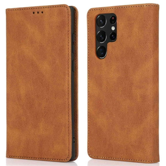 Leather Folio Wallet Case for Samsung Galaxy S25 Ultra - Brown