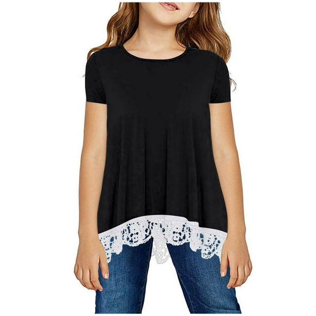 MeetoTime Kids Short Sleeve Tops Summer Casual Round Neck Gradient Color Lace Layered T-Shirt Tee for Girls