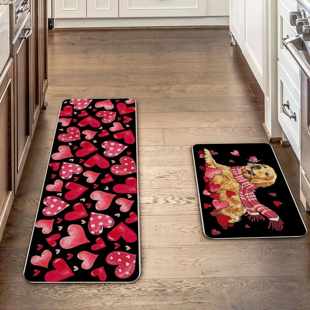 TIMIFIS Valentine's Day Bathroom Rugs and Mats Sets, 2 Piece Kitchen Mats for Floor,Love Bath Mats for Bathroom, Non Slip Washable Door Porch Mat Home Decor