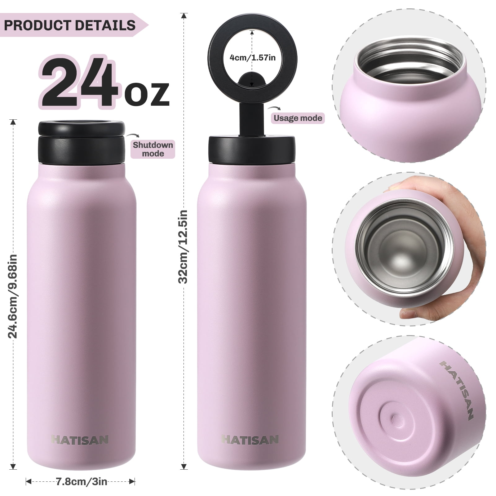 Hatisan 24 oz Insulated Water Bottle, Magnetic Stainless Steel Water Bottle, with Mobile Phone Holder Tripod, Hot for 12H, Cold for 24H(Purple)