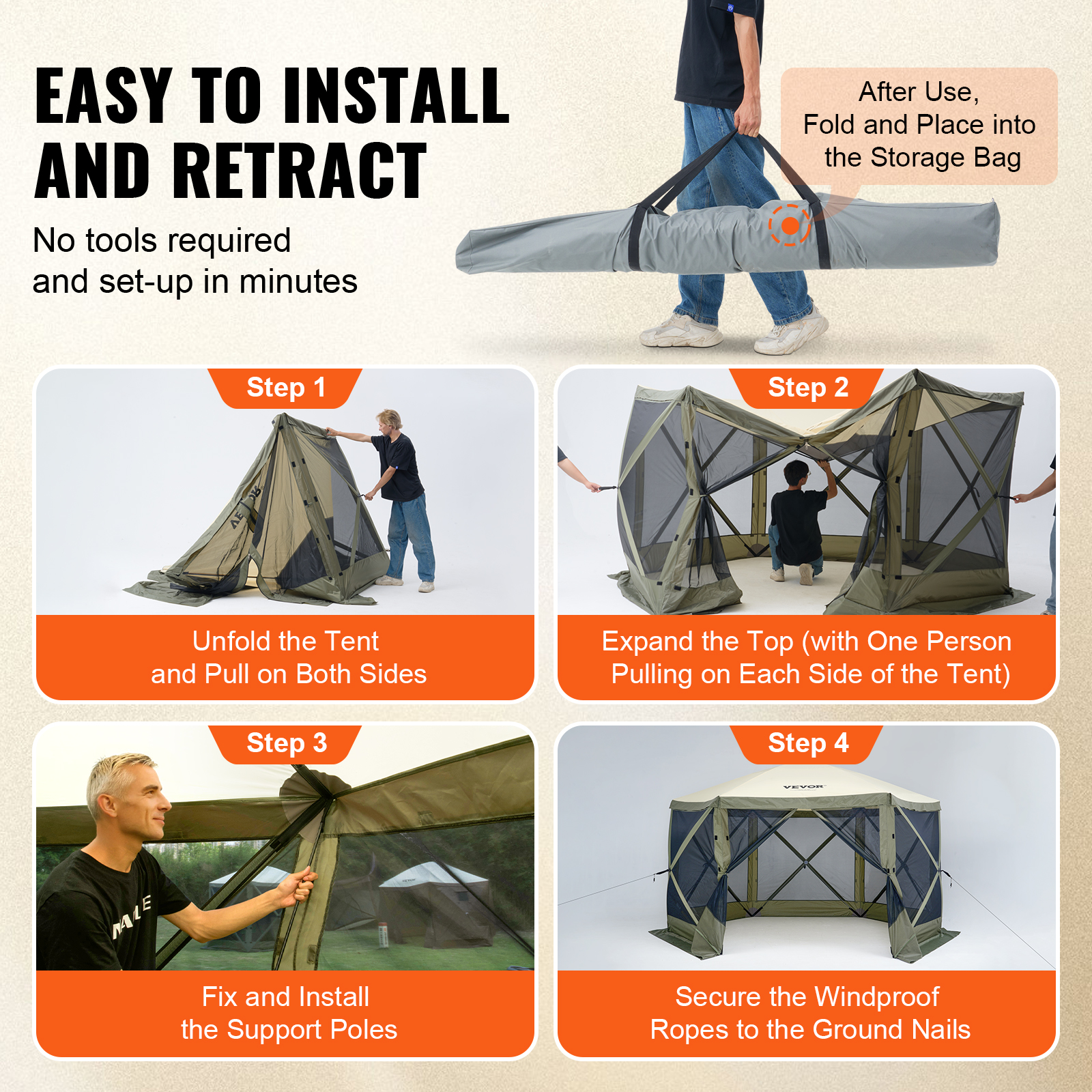 VEVOR Pop up Gazebo Tent, Pop-Up Screen Tent 6 Sided Canopy Sun Shelter with 6 Removable Privacy Wind Cloths & Mesh Windows, 12x12FT Quick Set Screen Tent with Mosquito Netting, Army Green