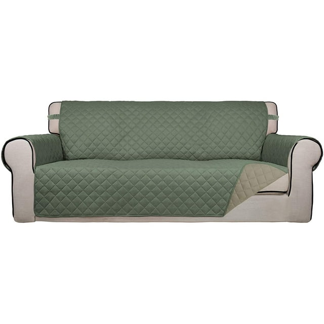 Housse de Sofa Matelassée Réversible, Protège-Meubles Résistant à l'Eau, Housse de Canapé Lavable avec Mousse Antidérapante et Sangles Élastiques pour Enfants, Chiens, Animaux (Sofa, Vert Grisâtre/beige)