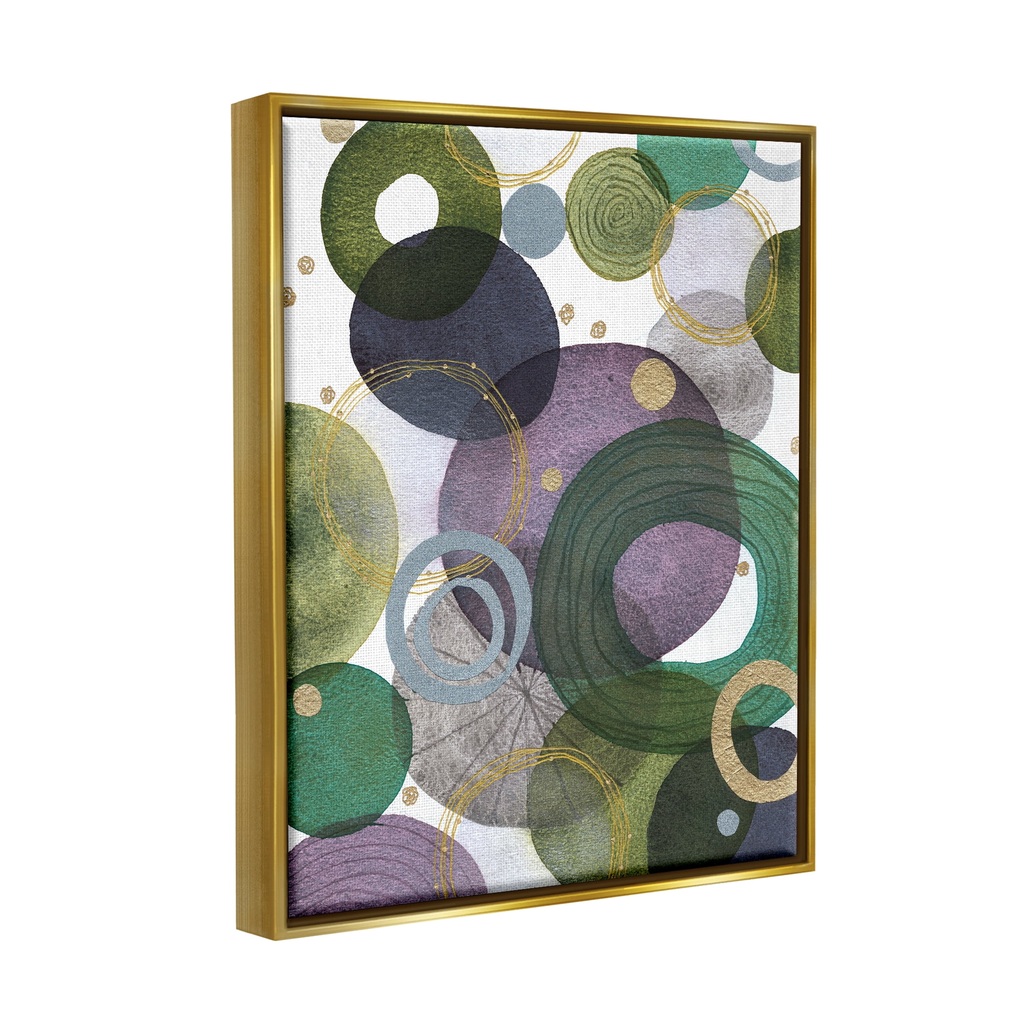 Stupell Industries Green & Purple Circles Abstract Painting Gold Floater Framed Art Print Wall Art, 17 x 21