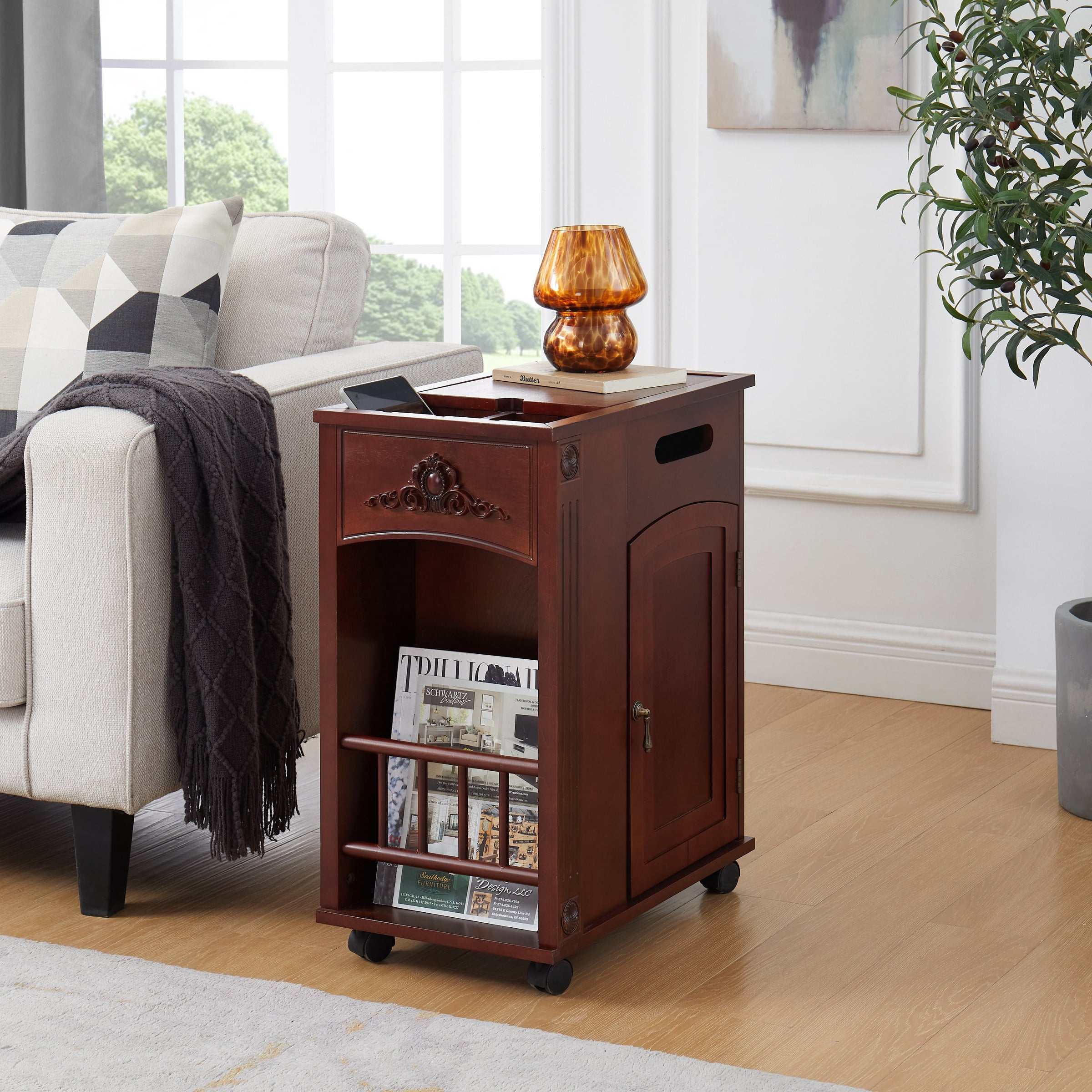 Powered Traditional End Table with Charging Station, Narrow Side Table with USB Ports and Outlets, Nightstand with Storage, Bedside Tables with Wheels for Living Room, Bedroom