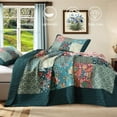 thumbnail image 3 of Patchwork Quilt Set King Size 3 Pieces Green Plaid Floral Bedspread Coverlet Set, Boho Turquoise Rustic Lightweight Reversible Bedding Quilt for All Season (110''x90''), 3 of 18