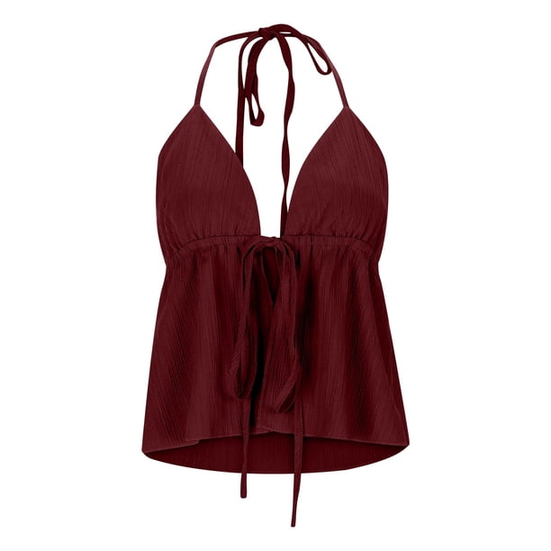 Top con tirantes y cordones en la espalda para mujer - Diseño jacquard con cordón, color liso, estilo informal/sexy, lavable a máquina, tallas S-XL