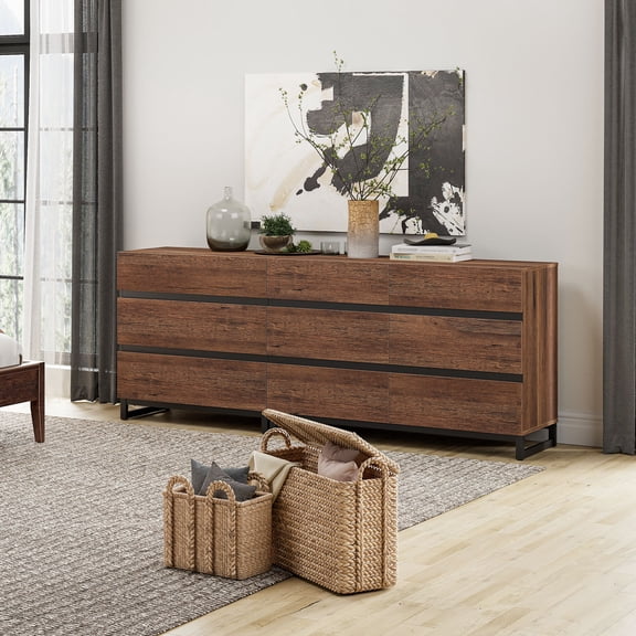 WAMPAT 2-in-1 Modern Wood Dresser, 9 Drawers & Metal Base, Closet Storage Organizer for Bedroom,Brown