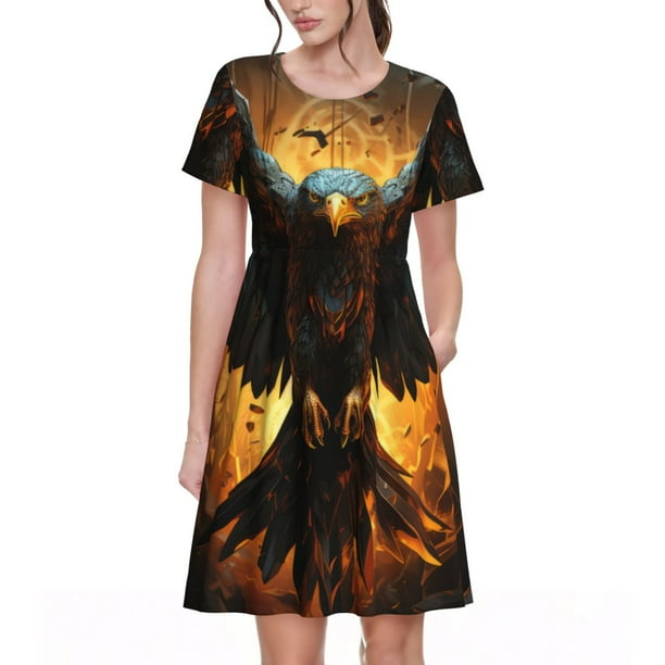 Fotbe Cool Black Eagle Vestido Largo de Moda para Mujer, Vestido Tipo Camiseta con Manga Corta y Estilo Casual a Rayas y Bloques de Color