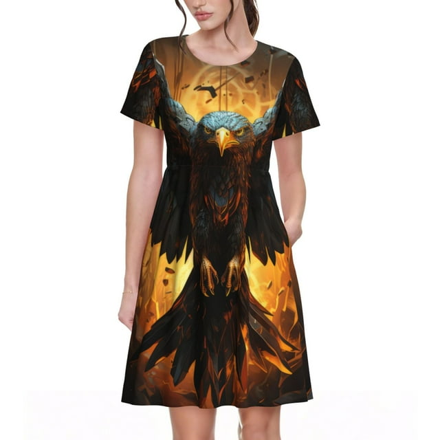 Daiia Robes pour Femmes Imprimé Aigle Noir Cool 2025 Robes à Manches Courtes Tendance Robes Maxi Décontractées Amples et Fluides