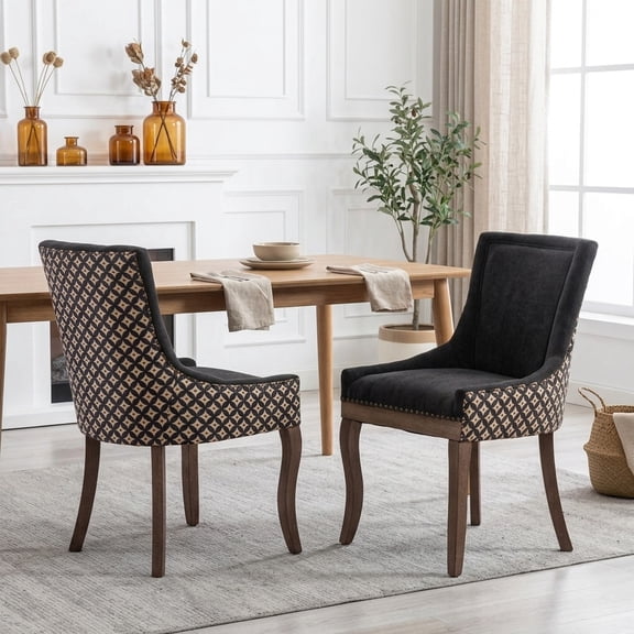 FFZ 36.4"Tall Set of 2 Fabric Dining Chairs with Solid Wood Legs and Bronze Nailhead, Charcoal Black