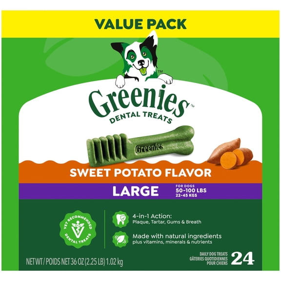 Greenies Sweet Potato Flavor Adult Natural Dental Dog Treats Large Size, 36 oz Pack (24 Count)