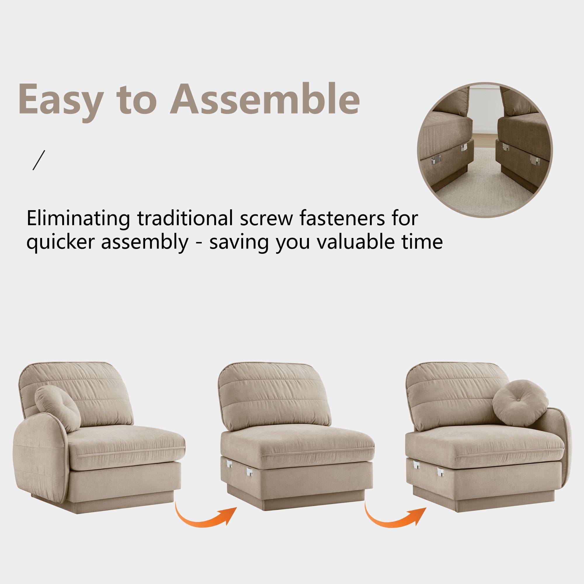 Mintazer 105" Chenille Cloud 3-Seater Modular Sectional Sofa with 2 Round Pillows, Easy Assembly Ergonomic Sofa Couch for Living Room, Apartment, Light Coffee