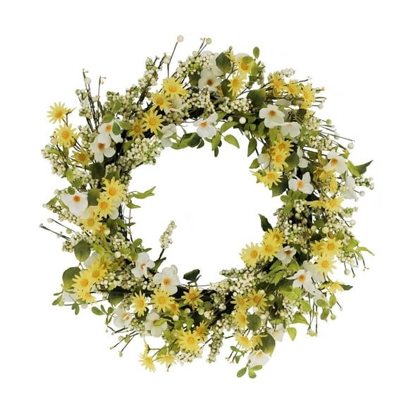 30" Yellow and Green Puleo International Artificial Dogwood and Daisy Floral Spring Wreath