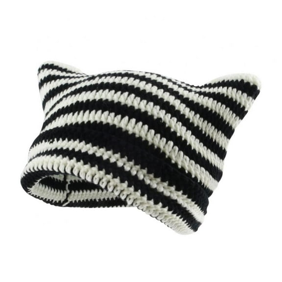 Aosijia Women Striped Knitted Crochet Hat Cat Ear Beanie Hat Winter Warm Slouchy Hat (A)
