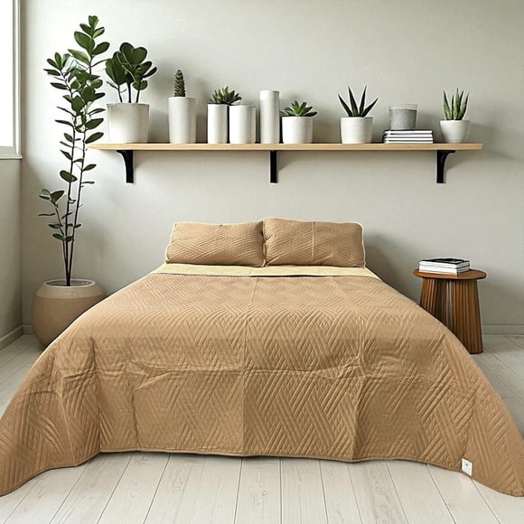 Edredón Ligero King Size Doble Vista Con Fundas de Almuadas Caqui-Beige