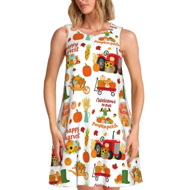 Balery Fall Farm Pumpkin Vestidos de verano para mujer con estampado: vestido holgado sin mangas, vestido playero informal y cómodo para días calurosos.