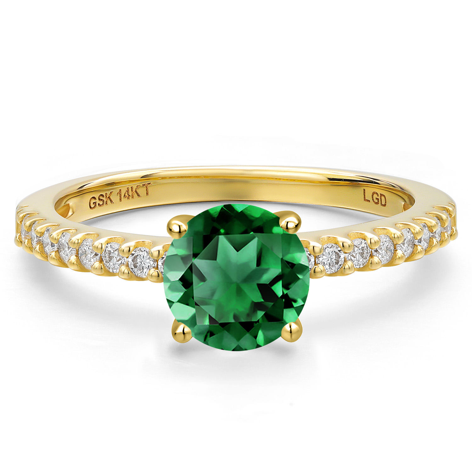 Gem Stone King 14K Yellow Gold Green Nano Emerald and Lab Grown Diamond Engagement Ring for Women | 1.38 Cttw | Round 7MM | Gemstone Birthstone | Wedding Engagement Anniversary Ring| Size 8