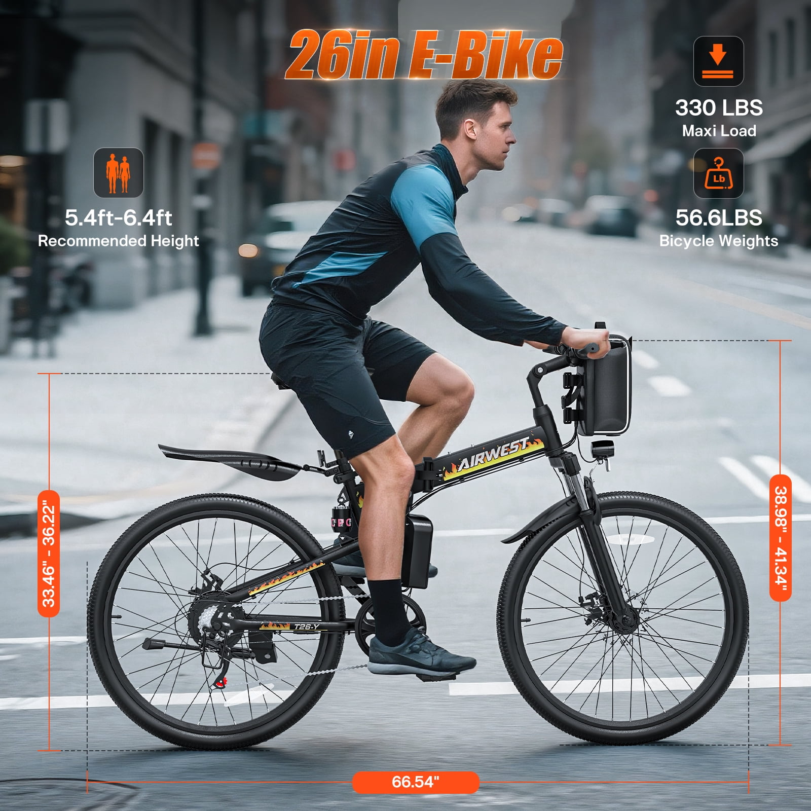AIRWEST 26" Folding Electric Bike for Adults -Peak 750W Motor, 48V 374.4W Removable Battery, 7-Speed, Dual Suspension，Mountain E-Bike, UL2849