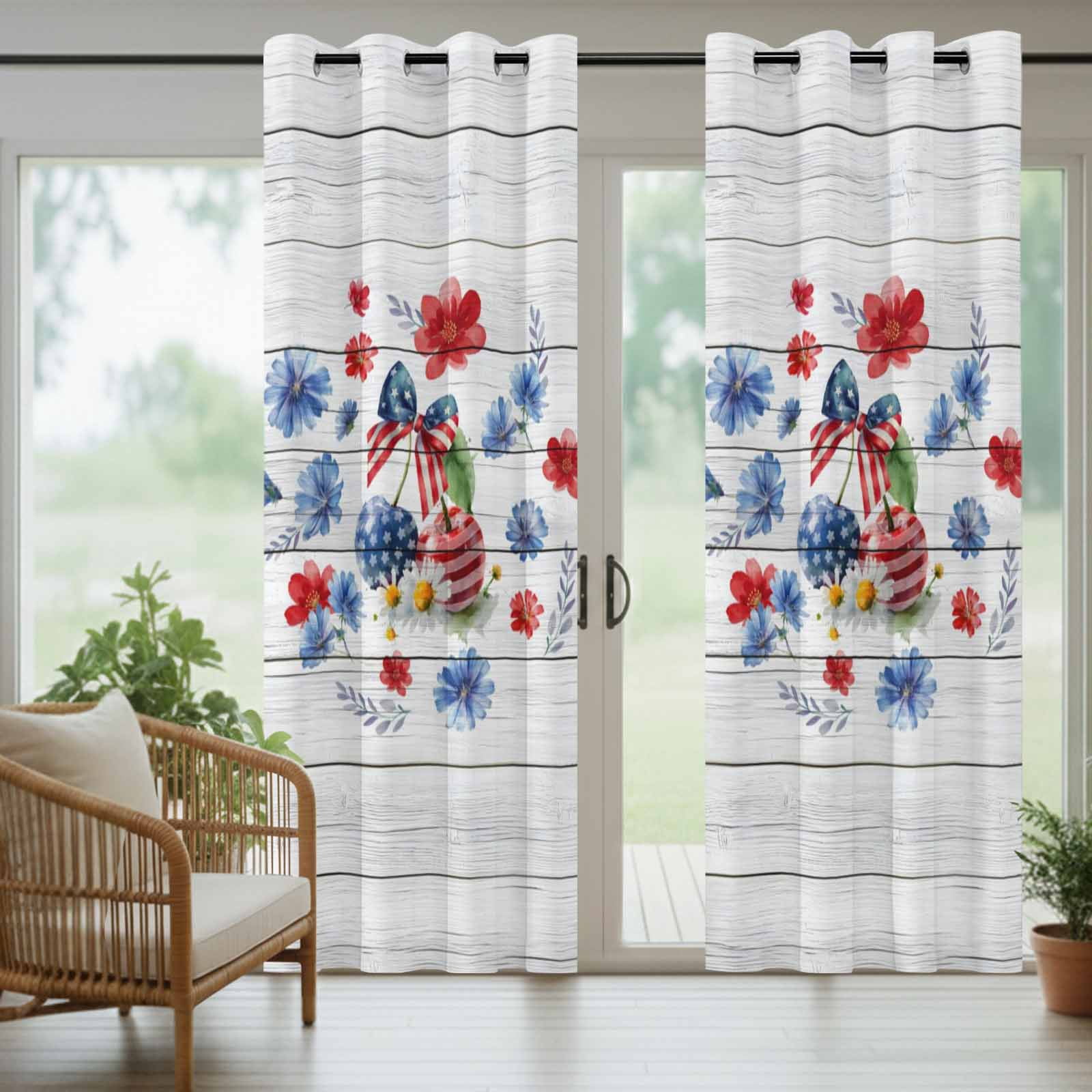 Independence Day Cherry Outdoor Curtains for Patio, Patriotic Red Blue Star Floral Bow Wood Grain Sunshade Privacy Drapes Grommet Waterproof Outside Curtains for Porch Balcony 54"x108", 1 Panel