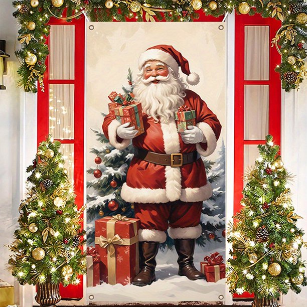 Cubierta navideña para puerta de 35 x 71 pulgadas | Decoración navideña con estampado de Papá Noel | Tejido de poliéster duradero | Fácil de instalar | Decoración festiva para puertas, paredes y