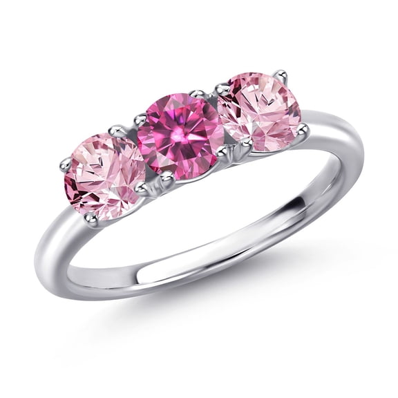 Gem Stone King 925 Sterling Silver Pink Moissanite and Pink Lab Grown Diamond Engagement Ring for Women | 1.50 Cttw | Round 5MM | Gemstone Birthstone | Size 9