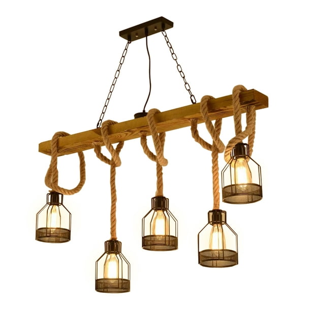 Ousgar 5 Lights Chandelier Wood Hanging, Handmade Rustic Wooden Chandelier Wood Beam Industrial Pendant Lamp