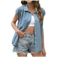thumbnail image 3 of Women's Plaid Button Down Shirt Short Sleeve Turndown Collar Blouse Top Casual Loose Fit Lightweight Breathable Summer Vacation Fashion | CSEONE,Blue XL, 3 of 9
