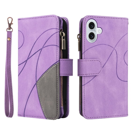 Zipper Wallet Case for iPhone 17 Large Capacity Card Holder Magnetic Cover, Luxury PU Leather Anti-Shock Folio Case with Flip Kickstand Wrist Strap Case for iPhone 17, Purple