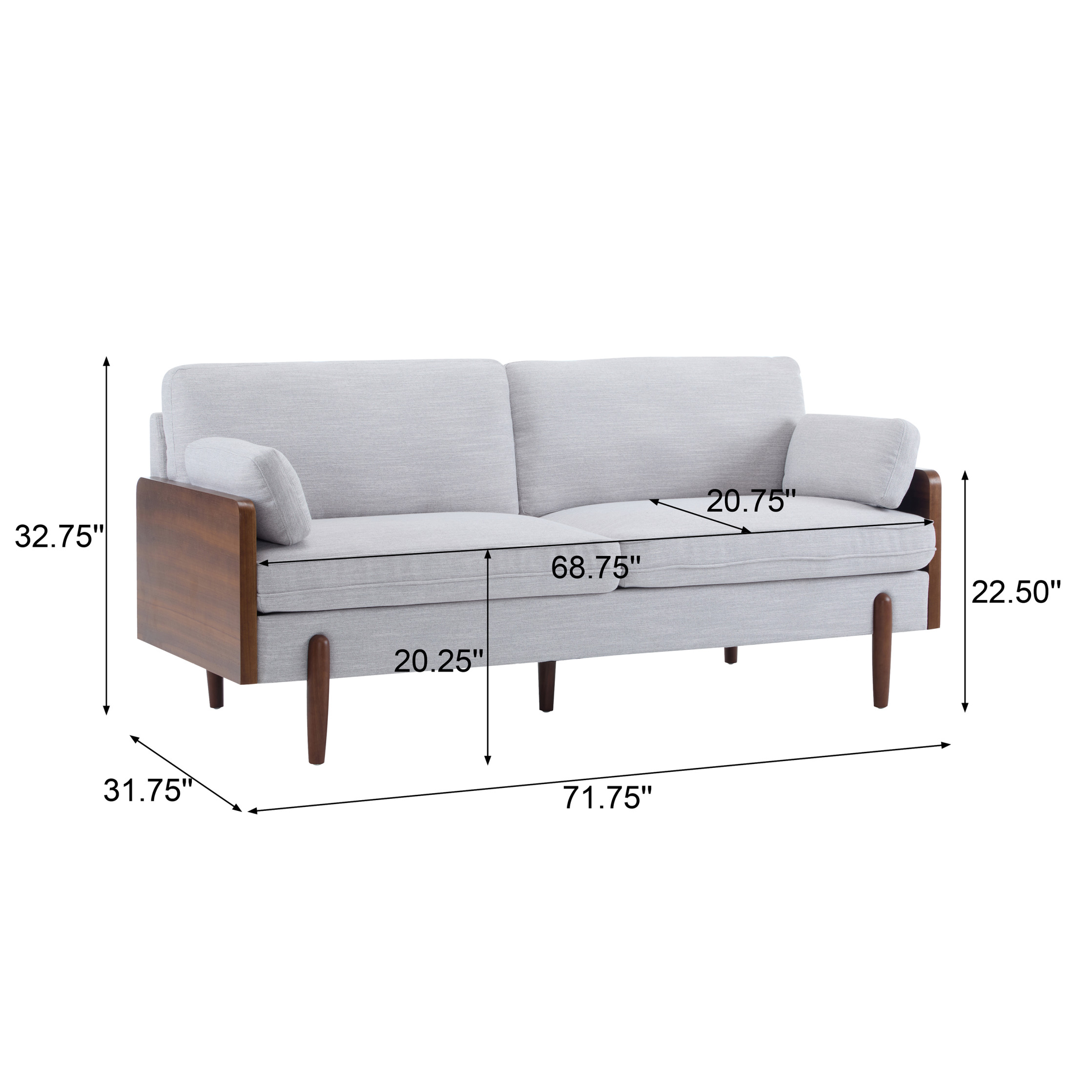 Mid-Century Modern Sofa with Slim Track Arms and Wood Frame, Light Smoke Gray