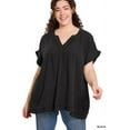 thumbnail image 2 of Zenana Women's Relaxed Fit Gauge Rolled Short Sleeve Raw Edge V-Neck T-Shirt Tunic, 2 of 3