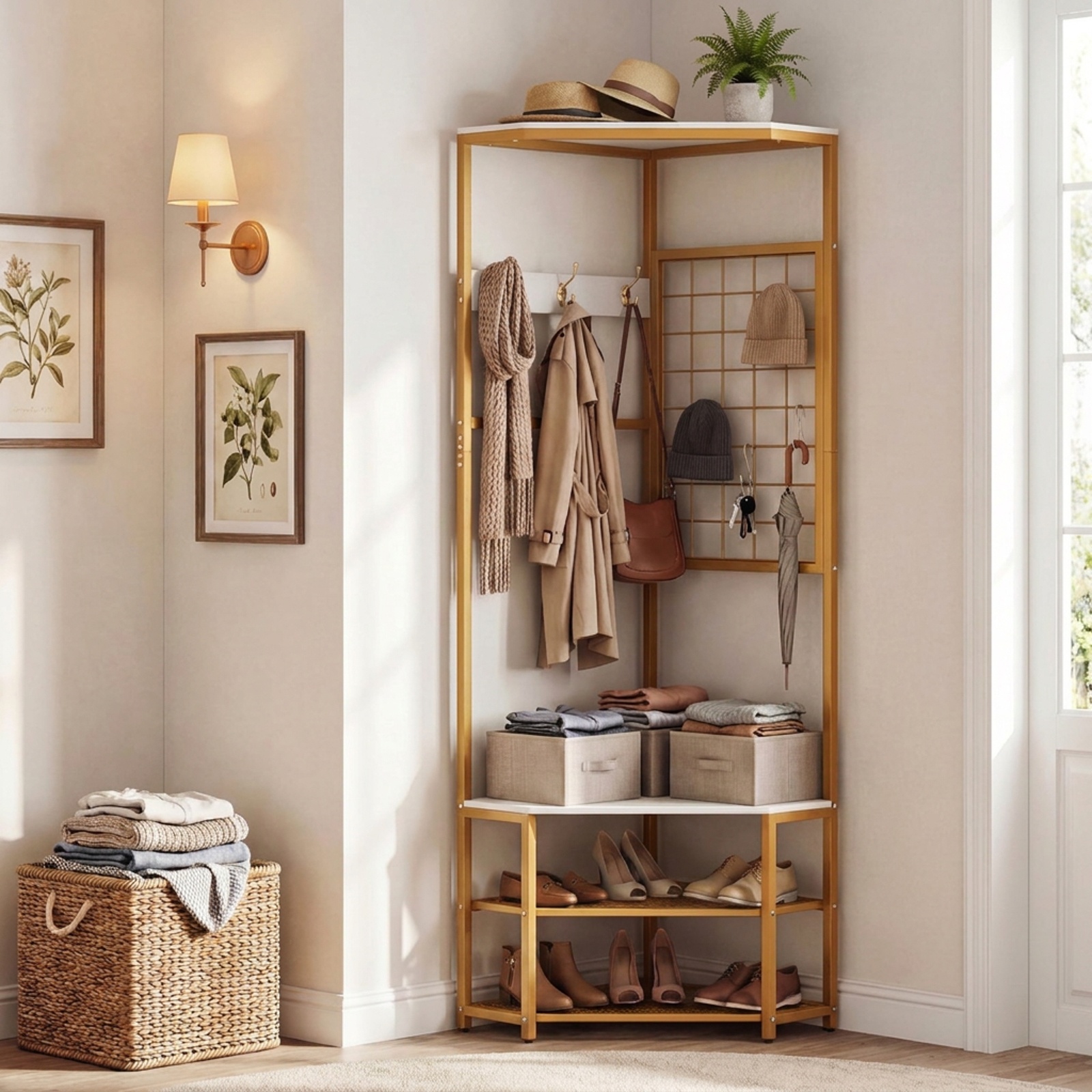 Furnibear Corner Freestanding Hall Tree Coat Rack with Storage Shelves and Removable Hooks for Entryway and Bedroom, White