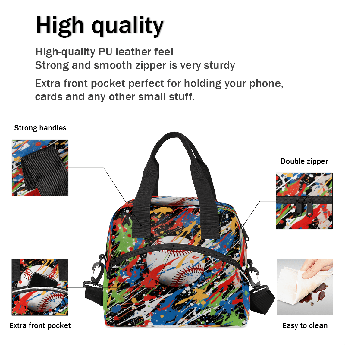 Herdesigns Graffiti Baseball Insulated Lunch Bag for Women Men Adults Large Reusable Lunch Box Softball Sports Leakproof Cooler Tote Bags with Adjustable Shoulder Strap