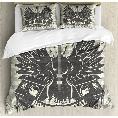 Rock Music Duvet Cover Set Striped Background Instrument Wings