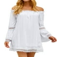 thumbnail image 1 of HUBERY Women Crochet Cutout Off Shoulder Long Sleeve Solid Color Mini Dress, 1 of 7