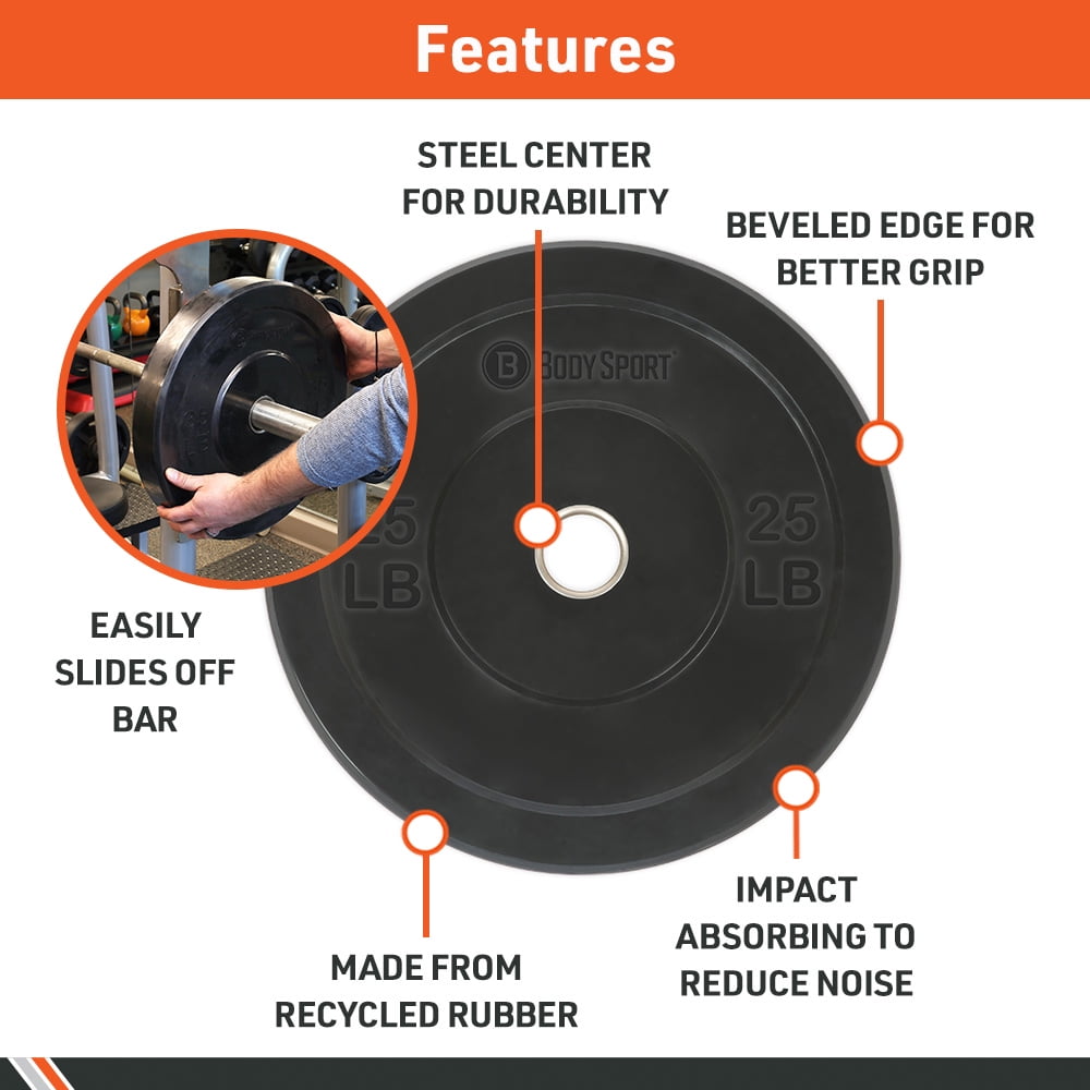 Body Sport Rubber Olympic Bumper Plates - Single Plate - 2-Inch Wide - 45 Pounds