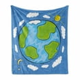 thumbnail image 1 of Earth Soft Flannel Fleece Blanket, Child's Drawing of the Planet Earth Surrounded with Clouds Day and Night Cycle, Cozy Plush for Indoor and Outdoor Use, 50" x 60", Blue Green White, by Ambesonne, 1 of 6