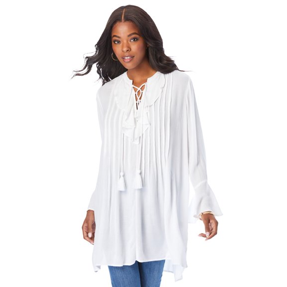 Roaman's Women's Plus Size Hand Crinkled Ruffle Pintuck Tunic